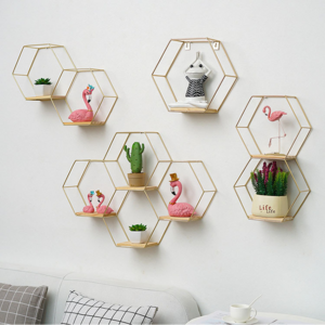 Minimalist Home Decorations Art Wood Wall Mounted Gold Metal Wire Storage Shelf Hexagon Floating Shelves Wall Decor