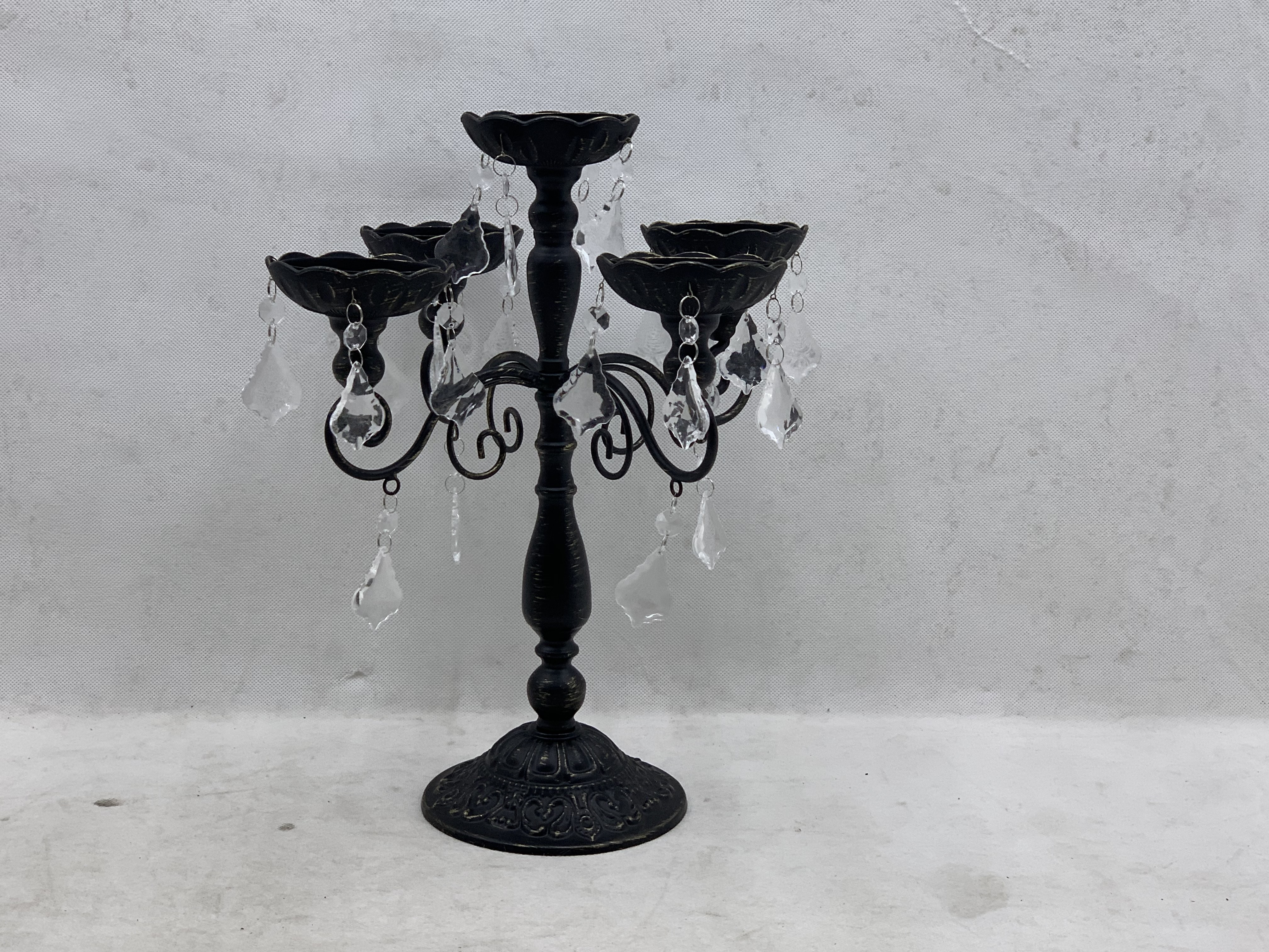 Halloween Black Metal Crystal Lace Ornament with Five Arms Festival Candle Holder Candelabra