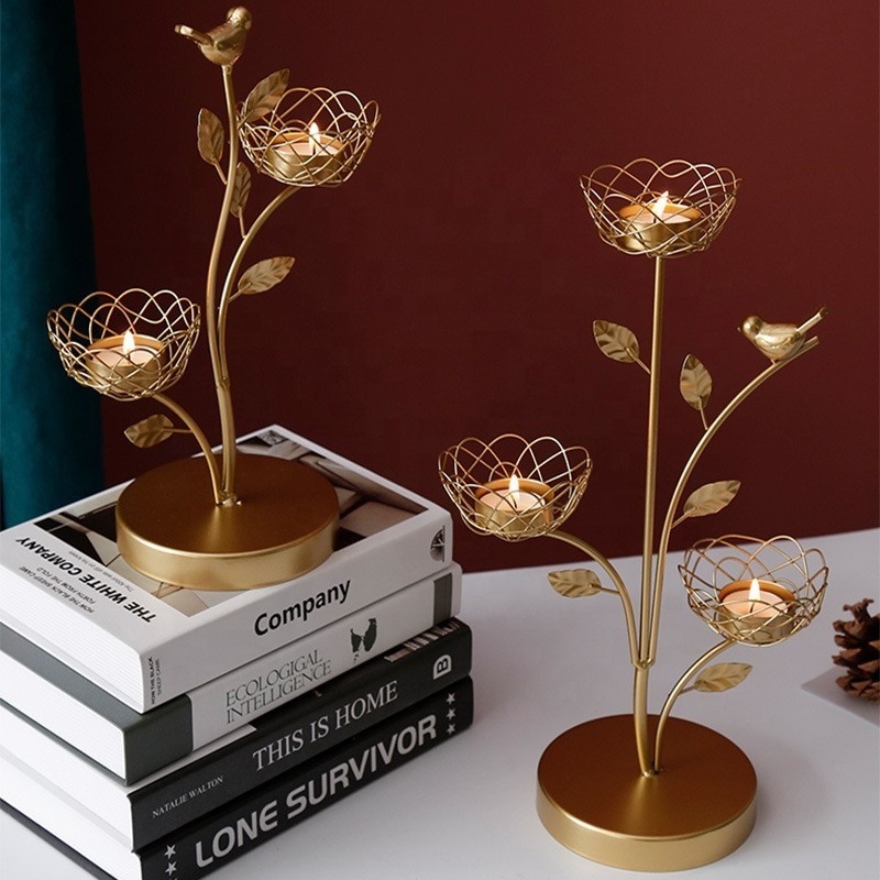 Cheap Custom Metal Lotusflower Gold Bird Round Rose Tealight Flower Candle Stick Holder Sets