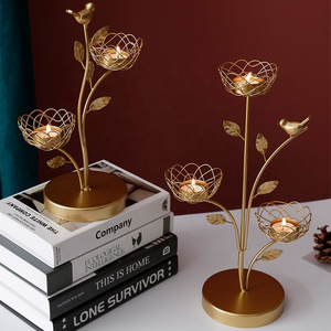 Cheap Custom Metal Lotusflower Gold Bird Round Rose Tealight Flower Candle Stick Holder Sets