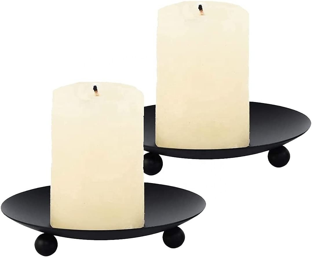 Classic Decorative Iron Black GIod Plate Pillar Candle Plate Candle Holder Stand for Home and Table Centerpiece