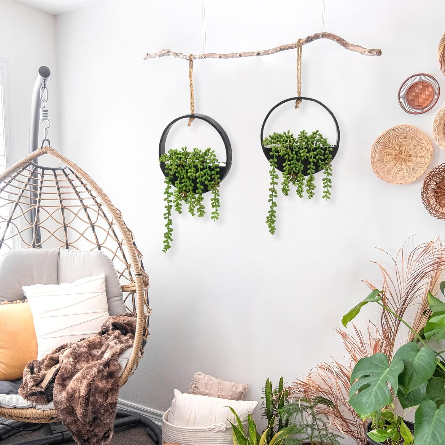 2pcs Hanging Plants Fake String of Pearls in Pot with Lanyard  Indoor Outdoor Plastic Boho Wall Decor