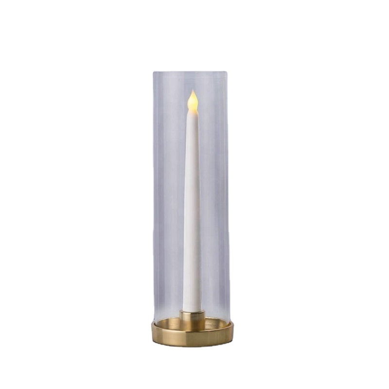 Hot sale cylindrical Clear Glass Chimney Vase Candle Holder With Gold Metal Base For Home Decoration