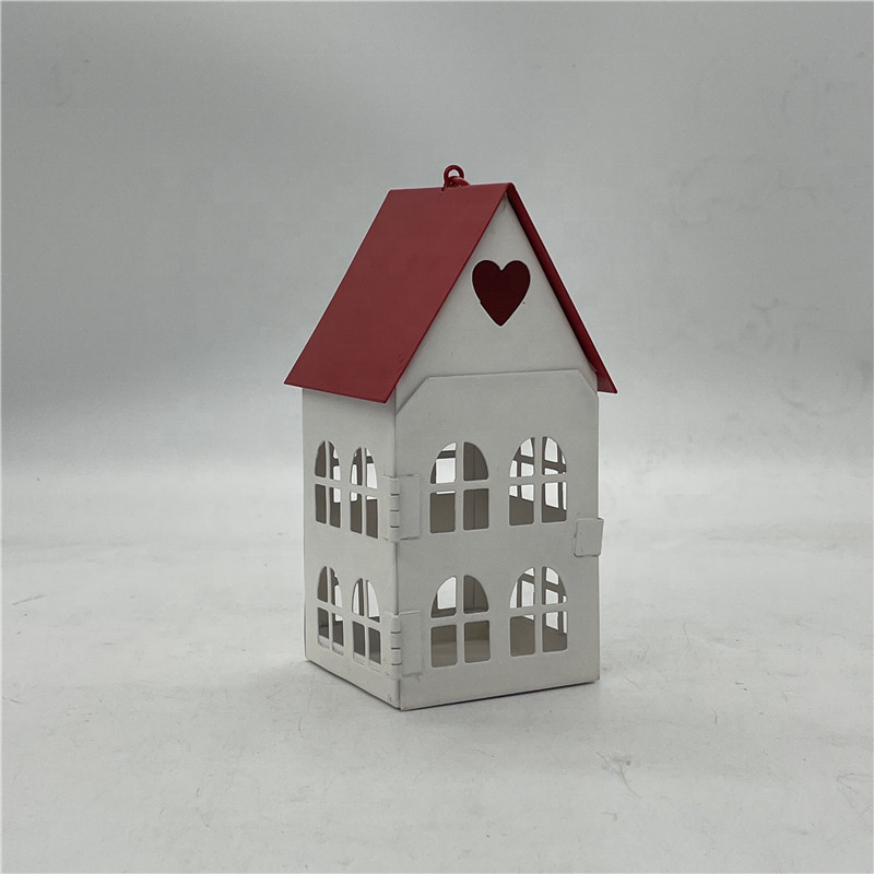 Hot Sale Christmas Red Roof and White body House Shape Candle Holders White Lantern Metal Cheap Small Lantern