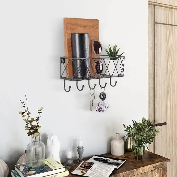 Wholesale Storage Basket Key Holder Entry Kitchen Wall Mount Metal Blackwith Shelf for Wall, Entryway, Bathroom, Living Room