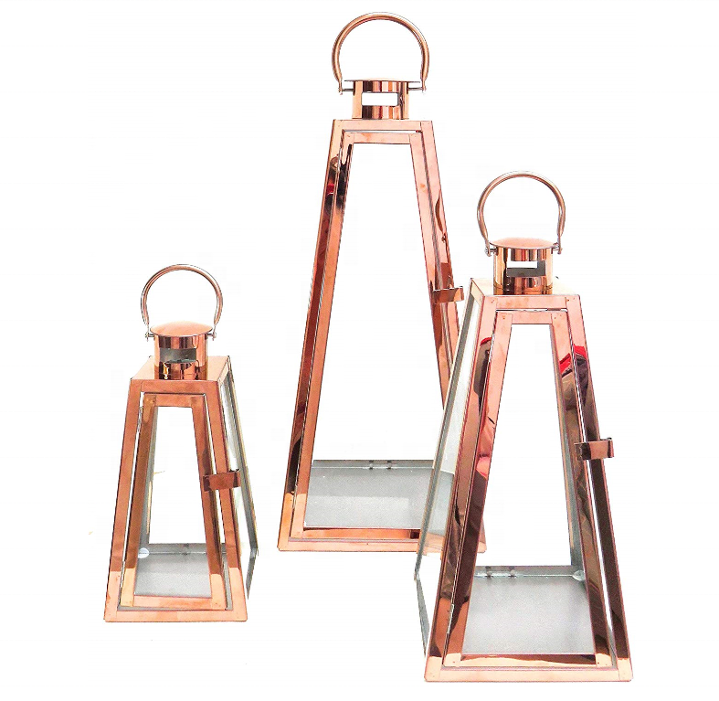 Decorative Lantern Colourful Set Of 3  Metal & Glass Triangular Shaped Stainless Rose Gold Garden Lanterns