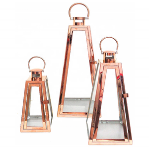 Decorative Lantern Colourful Set Of 3  Metal & Glass Triangular Shaped Stainless Rose Gold Garden Lanterns