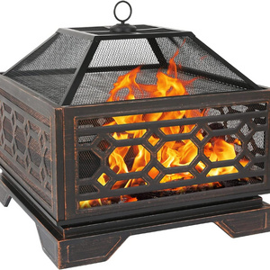 26 Inch Outdoor Fire Pit Square Extra Deep Wood Burning Firepits Large Bonfire with Cooking Grate & Poker