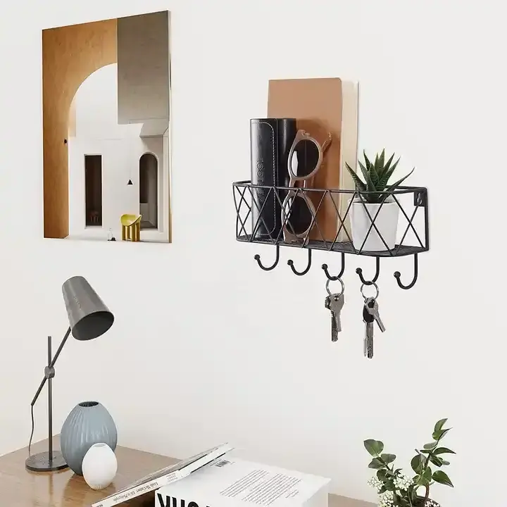 Wholesale Storage Basket Key Holder Entry Kitchen Wall Mount Metal Blackwith Shelf for Wall, Entryway, Bathroom, Living Room