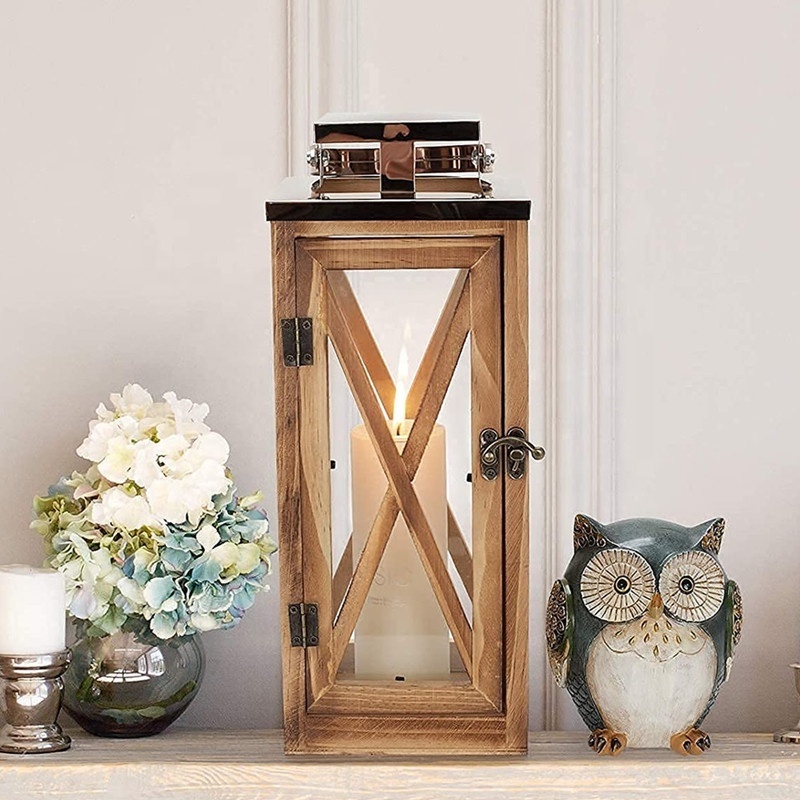 Decorative Patio Decor with Stainless Top and Glass Lantern Holder Decor Wooden Lantern for Indoor Outdoor