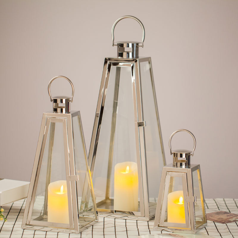 Decorative Lantern Colourful Set Of 3  Metal & Glass Triangular Shaped Stainless Rose Gold Garden Lanterns