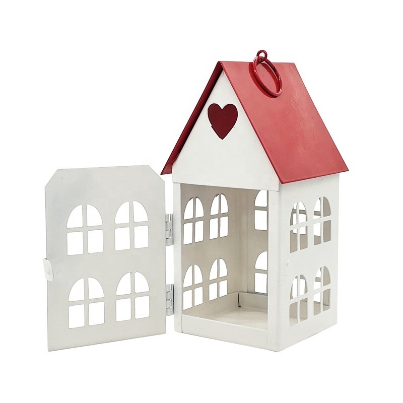 Hot Sale Christmas Red Roof and White body House Shape Candle Holders White Lantern Metal Cheap Small Lantern