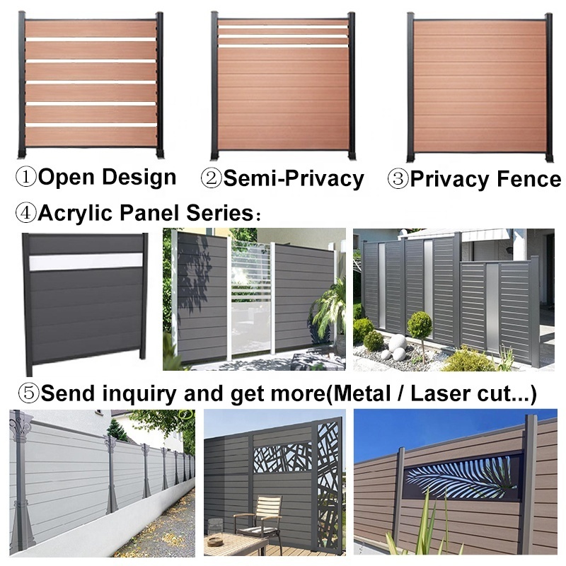 Easy instal outdoor composite board fencing privacy no dig 1.8 zaun wpc slat fence panel steel aluminum post wpc fence cladding