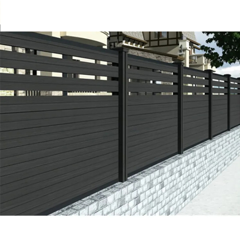 Easy instal outdoor composite board fencing privacy no dig 1.8 zaun wpc slat fence panel steel aluminum post wpc fence cladding