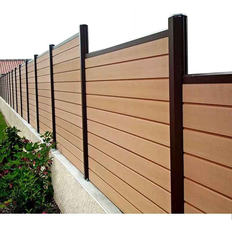 Easy instal outdoor composite board fencing privacy no dig 1.8 zaun wpc slat fence panel steel aluminum post wpc fence cladding