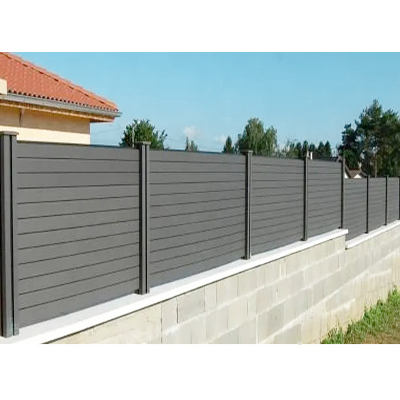 Easy instal outdoor composite board fencing privacy no dig 1.8 zaun wpc slat fence panel steel aluminum post wpc fence cladding