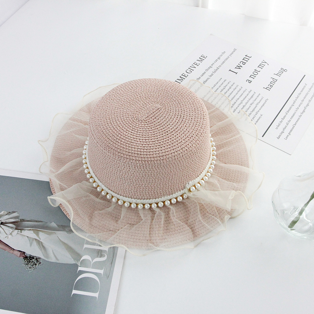 Female Summer Pearl Net Sunshade Custom Flat Top Paper Straw Hat Bow French  Seaside Fisherman Hat Pot Hat