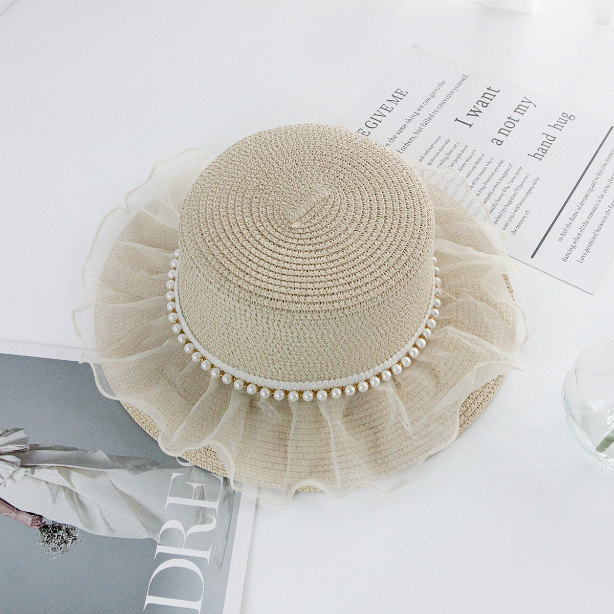 Female Summer Pearl Net Sunshade Custom Flat Top Paper Straw Hat Bow French  Seaside Fisherman Hat Pot Hat