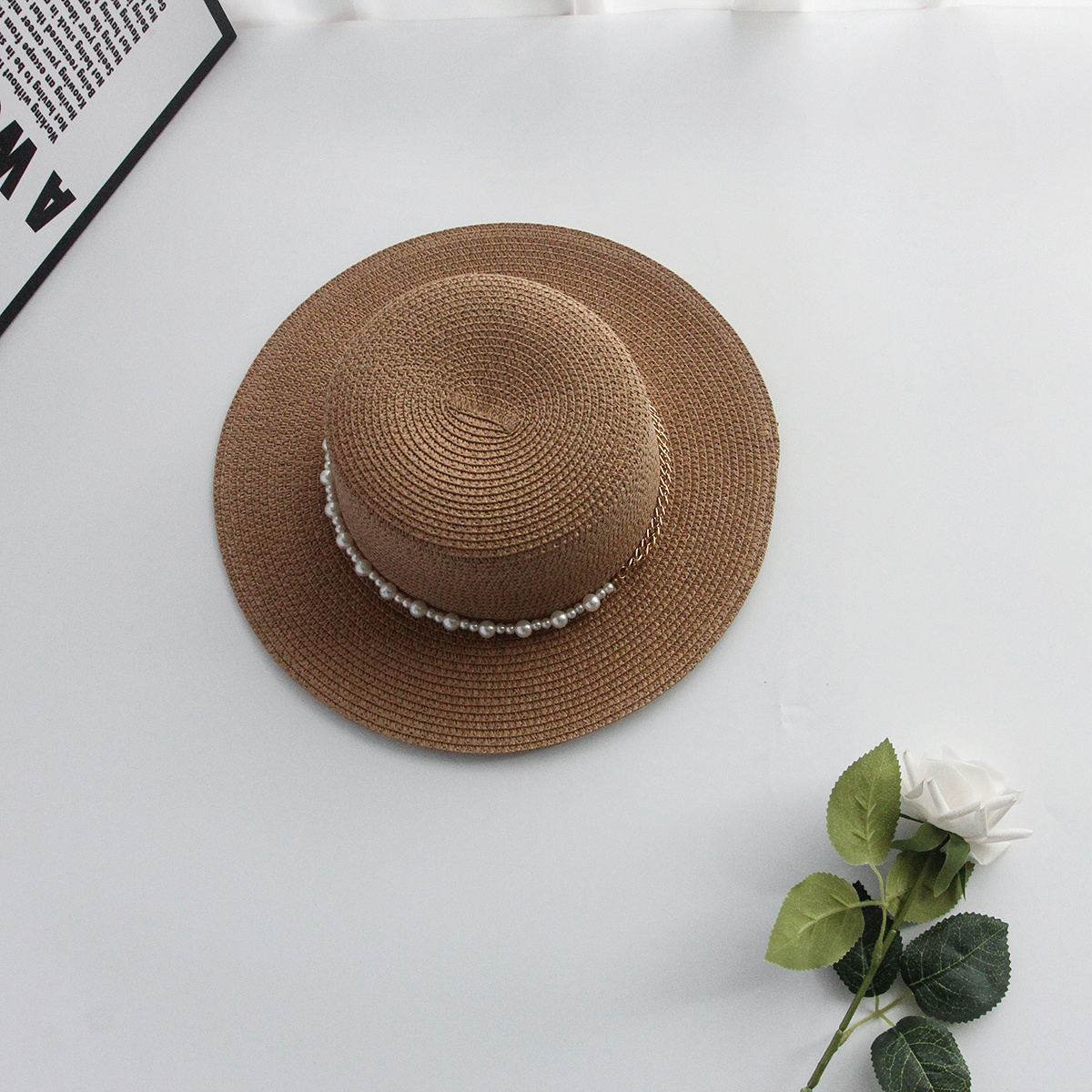 Brim 7cm Visor Hat Natural Paper Straw Flat Top Boater Hat With Pearl Chain for Female