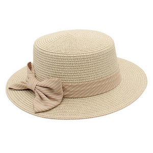 Wholesale  women's sun visor bow straw summer French beach hat seaside straw flat top hat