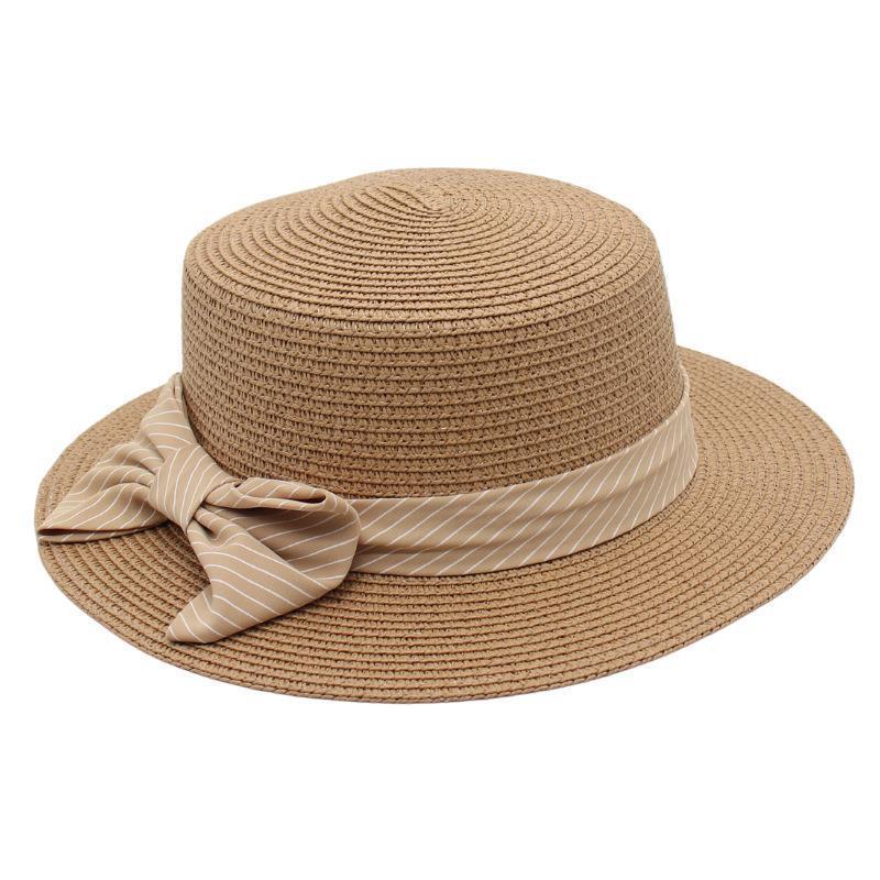 Wholesale  women's sun visor bow straw summer French beach hat seaside straw flat top hat