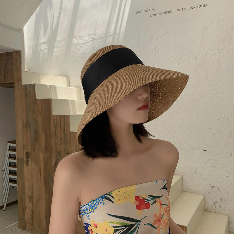 Boho Summer hat fashion women's wide brim braided sun protection bucket hat foldable outdoor travel straw hat