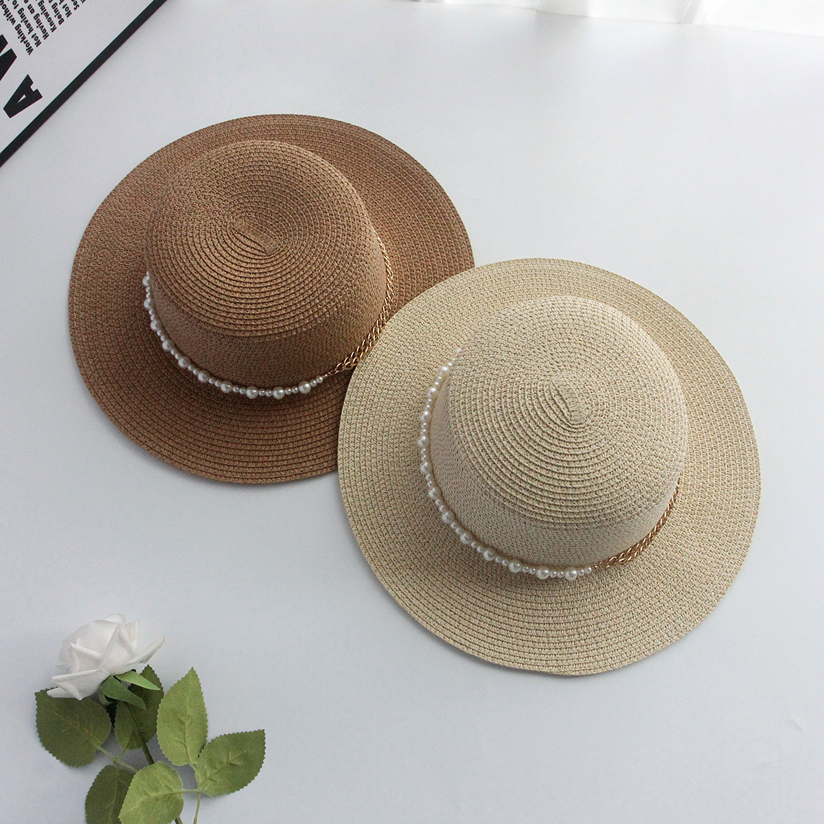 Brim 7cm Visor Hat Natural Paper Straw Flat Top Boater Hat With Pearl Chain for Female