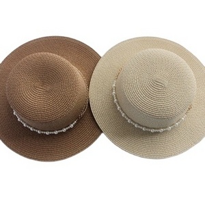 Brim 7cm Visor Hat Natural Paper Straw Flat Top Boater Hat With Pearl Chain for Female