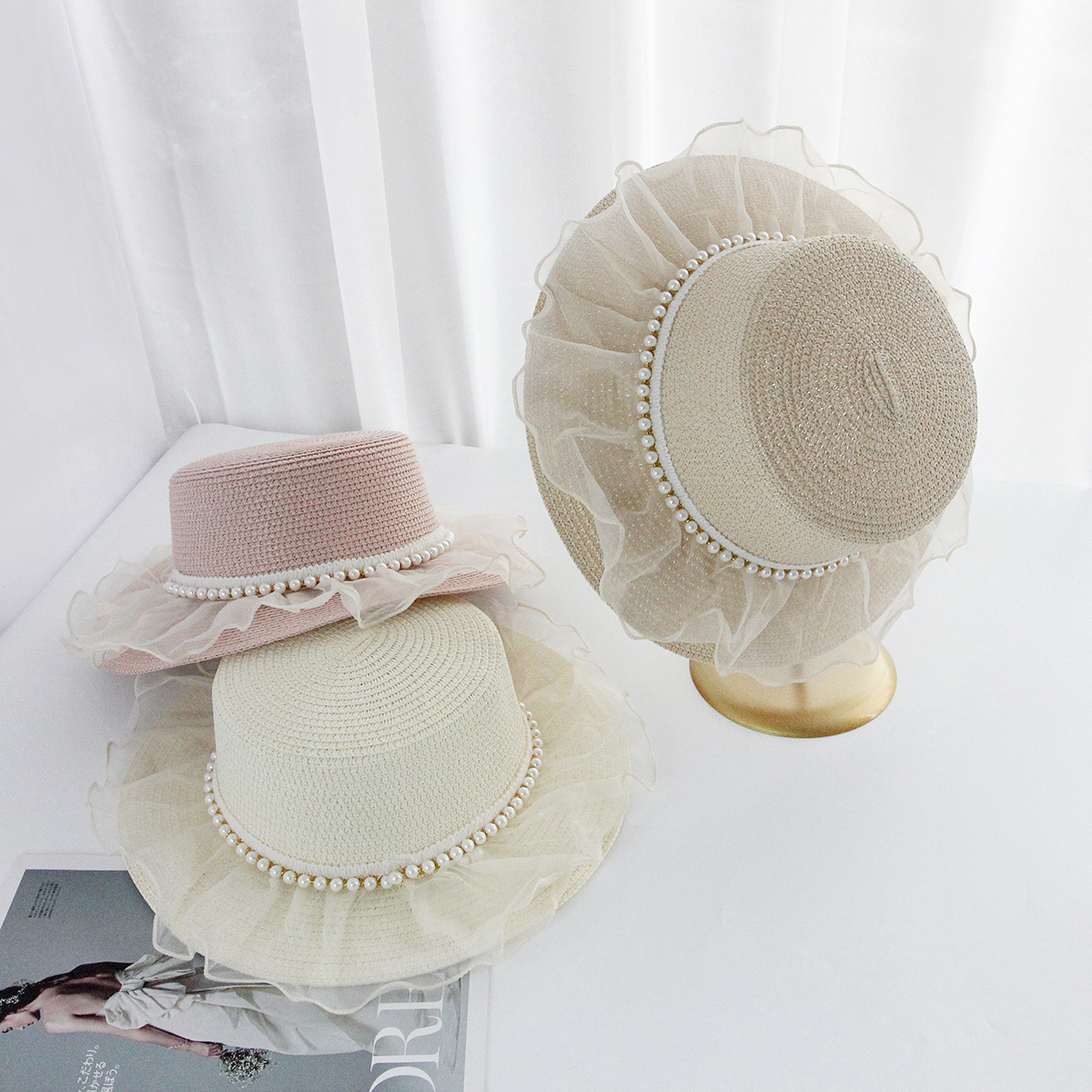 Female Summer Pearl Net Sunshade Custom Flat Top Paper Straw Hat Bow French  Seaside Fisherman Hat Pot Hat