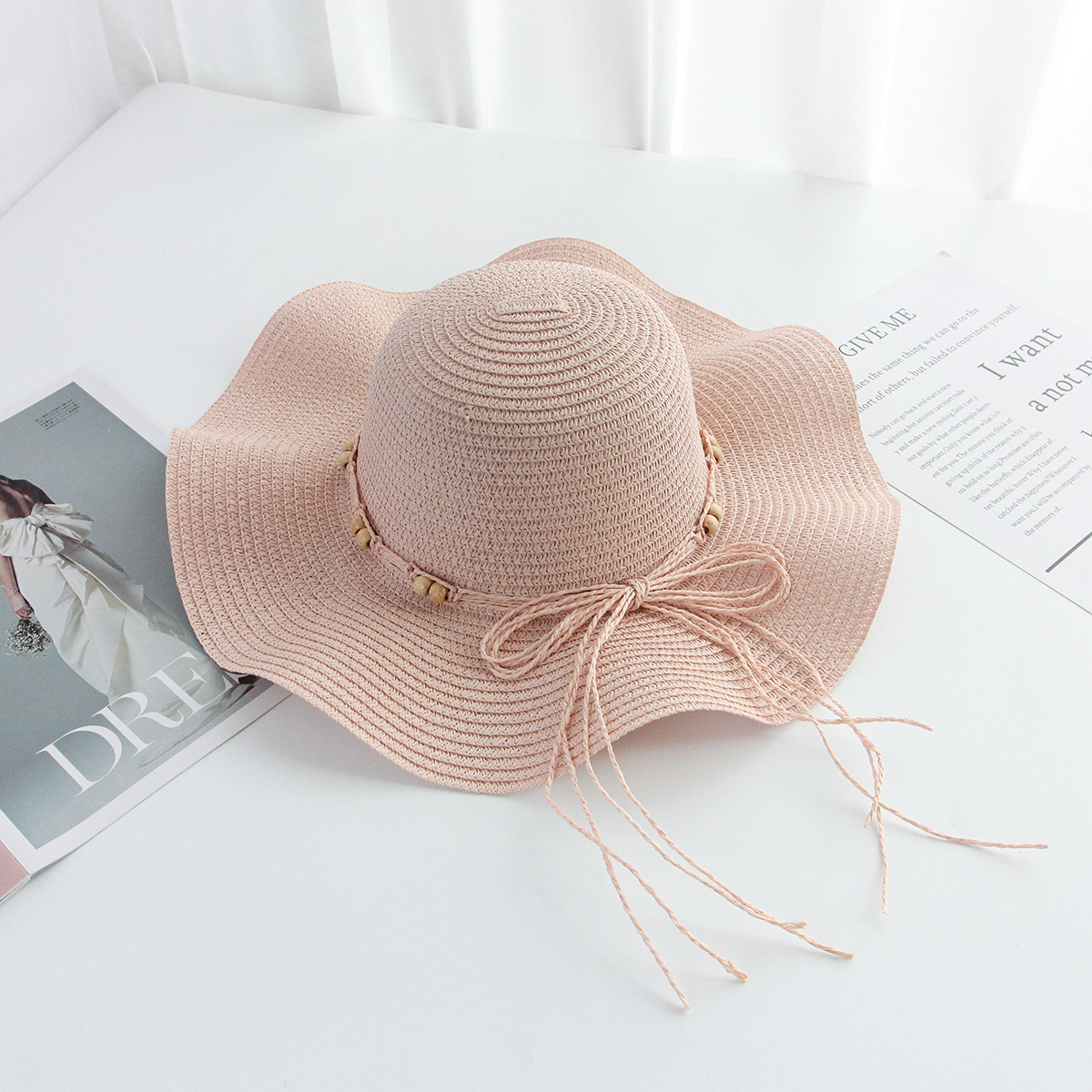 Girls Wide Brim Woven Wave Straw Beach Hat Sun Protection Hat Wooden Beads Summer Custom Floppy Bucket Cap