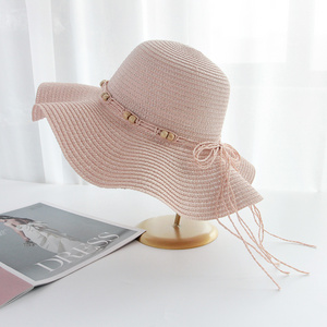 Girls Wide Brim Woven Wave Straw Beach Hat Sun Protection Hat Wooden Beads Summer Custom Floppy Bucket Cap