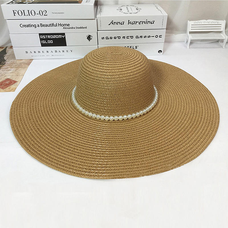 Summer women's pearl wide brim sun hat Bohemian beach outdoor travel foldable floppy straw hat