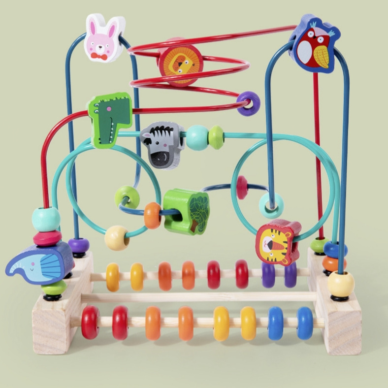 Kids Early Education Wooden Multifunctional Fruits Slide Maze Beads Toys Roller Coaster Game Wooden Beads Toy