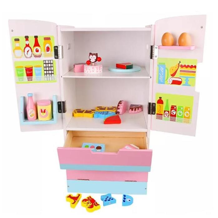 High Quality Wooden Cooking Game Pretend Play Wooden Refrigerator Toy Kitchen Sets For Kids