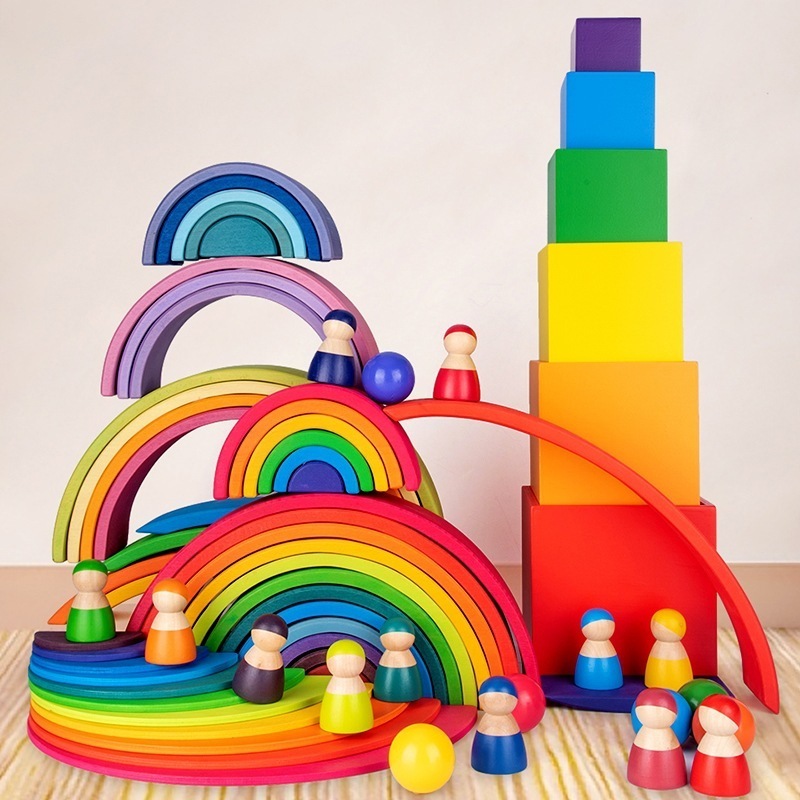 Multiple Styles Custom Colorful Wooden Montessori Toys Bridge Rainbow Building Blocks Toy Set Kids Educational Stacking Toy