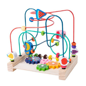 Kids Early Education Wooden Multifunctional Fruits Slide Maze Beads Toys Roller Coaster Game Wooden Beads Toy