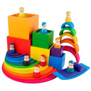 Multiple Styles Custom Colorful Wooden Montessori Toys Bridge Rainbow Building Blocks Toy Set Kids Educational Stacking Toy