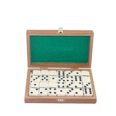 Mini Wooden domino game set with wooden box board games playing on table top