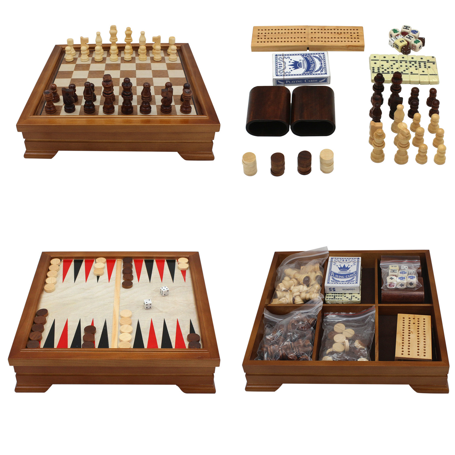 Wooden 7-in-1 Chess, Checkers, Backgammon, Dominoes, Cribbage Board, Playing Card & Poker Dice Game Combo Set