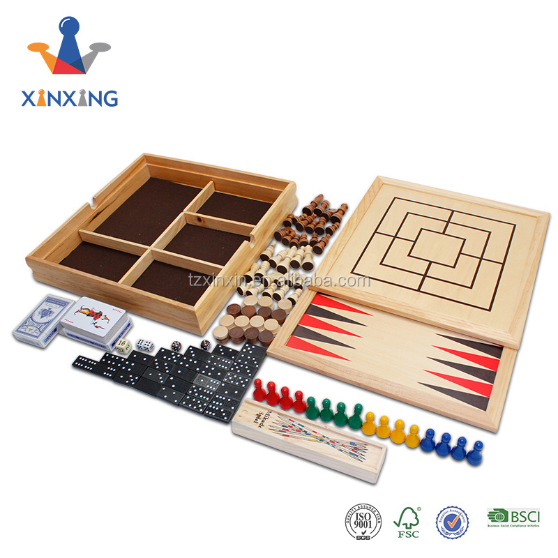 wooden games 10 in 1 chess, checkers, backgammon, ludo, nine men's morris, playing cards, dice, mikado, cribbage, domino