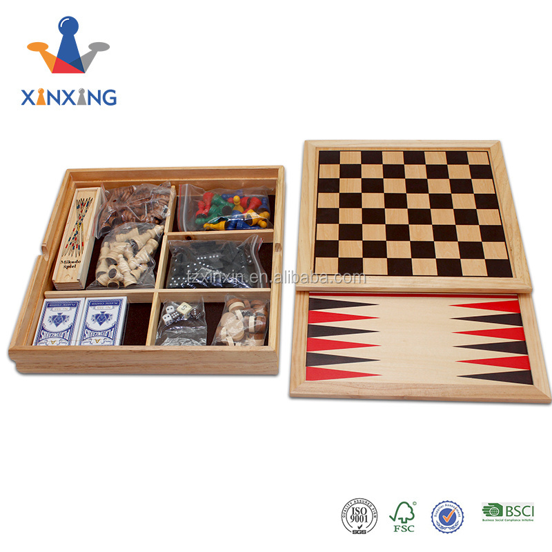 wooden games 10 in 1 chess, checkers, backgammon, ludo, nine men's morris, playing cards, dice, mikado, cribbage, domino