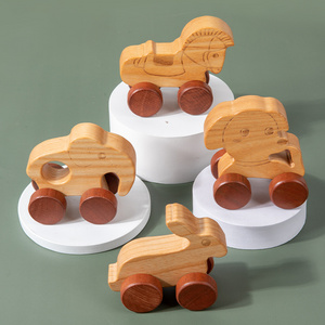 Organic Baby Push Car Wooden Toys 8pc Wooden Animals Car and Fine Movement Development and Infant Grasping Montessori Toys