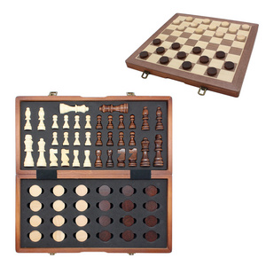 25 years Manufacturer 15" Magnetic Wooden chess & Checkers SET  Folding Board 3" King Height Chess Pieces Pine Wood Vintage