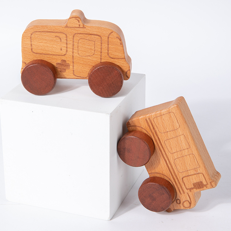 Organic Baby Push Car Wooden Toys 8pc Wooden Animals Car and Fine Movement Development and Infant Grasping Montessori Toys