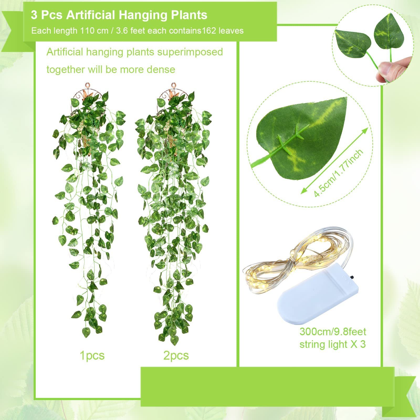 30 LED Strings Artificial Hanging Plants 3.3 ft Fake Ivy Vine Leaves Hanging Garland Battery Operated Fairy String Lights