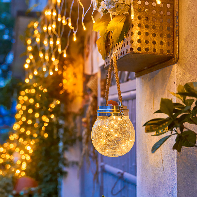 Waterproof Outdoor Christmas Wedding Hanging Decorative Lantern Hanging Jar Garden Solar Powered LED Cracked Glass Ball Light