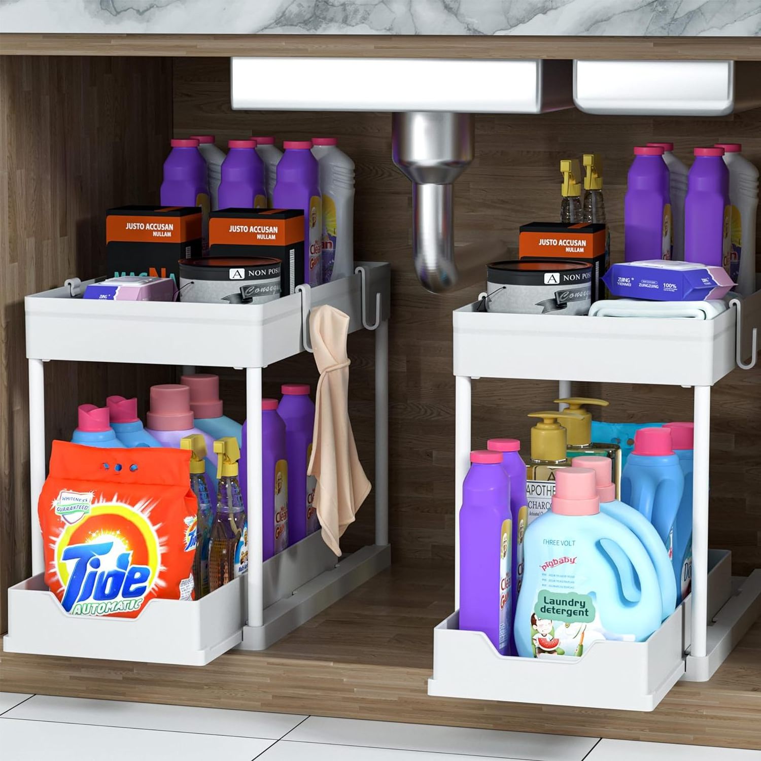 Multi-purpose 2-tier sliding pull out under sink cabinet bathroom kitchen pantry organizer storage shelves under the sink