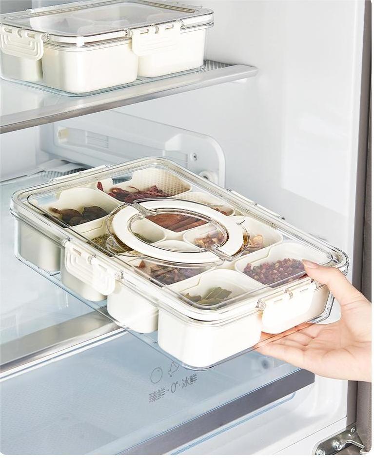 new product 8 Compartments  Plastic Clear Divided Food Serving Tray With Lid And Handle Spices Storage Container