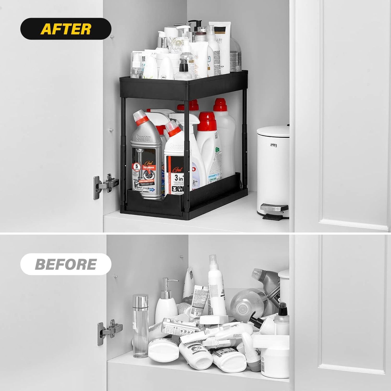 Under Sink Organizer Pull Out 2 Tier Bathroom Cabinet Organizer with Hooks Hanging Cup Multi-Purpose Storage Shelf For Kitchen