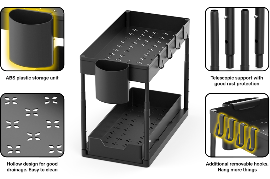 Under Sink Organizer Pull Out 2 Tier Bathroom Cabinet Organizer with Hooks Hanging Cup Multi-Purpose Storage Shelf For Kitchen